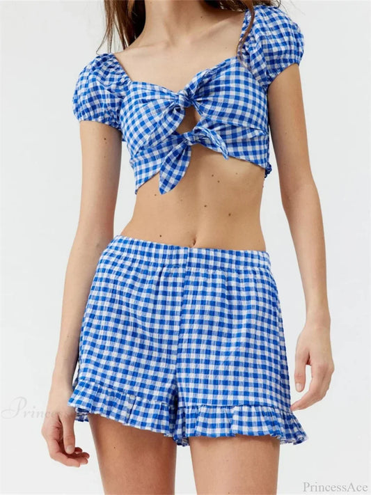 Plaid Print Knotted Short Sleeve T-shirt Crop Top with Elastic Waist Shorts Set BLUE / S twopiecesset-250126