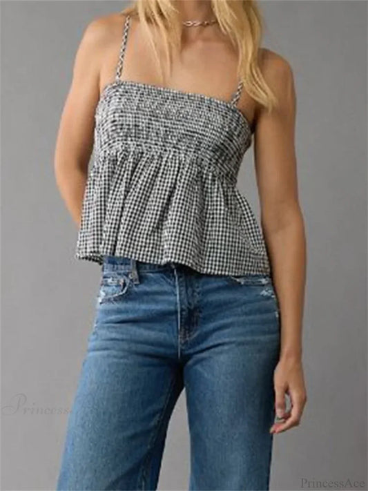 Plaid Ruffle Hem Square Neck Spaghetti Crop Top BLACK / S croptop-250126