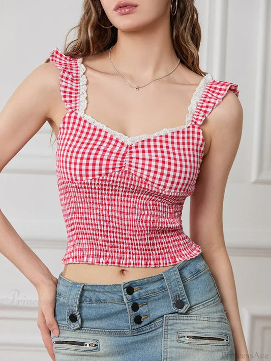 Plaid Ruffle Strap Sweetheart Lace Trim Cropped Tank Top croptop-250126