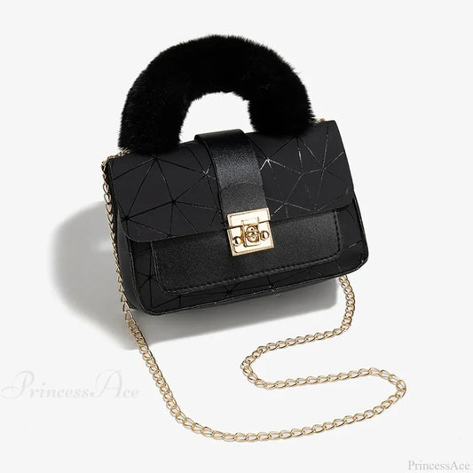 Plush Small Square Printed Messenger Handbag Black handbag-250126