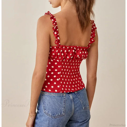 Polka Dot Square Neck Tie Sleeveless Frill Strap Smocked Fitted Sexy Crop Top croptop-250126