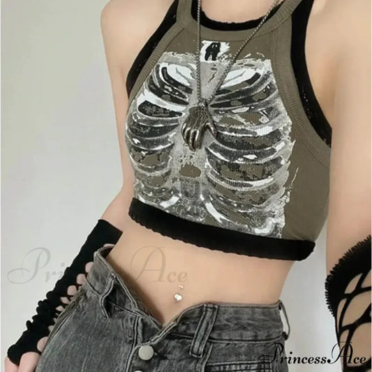 Punk Aesthetic Cyber Retro X-Ray Skeleton Print Sleeveless Vest Armygreen Crop Designer Clothes