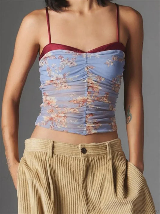 Ruched Floral Leopard Spaghetti Strap Crop Top BLUE / S croptop-250126