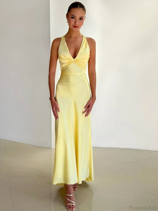 Satin Backless Ruched Vacation Dress Yellow / S vacationdress-250223