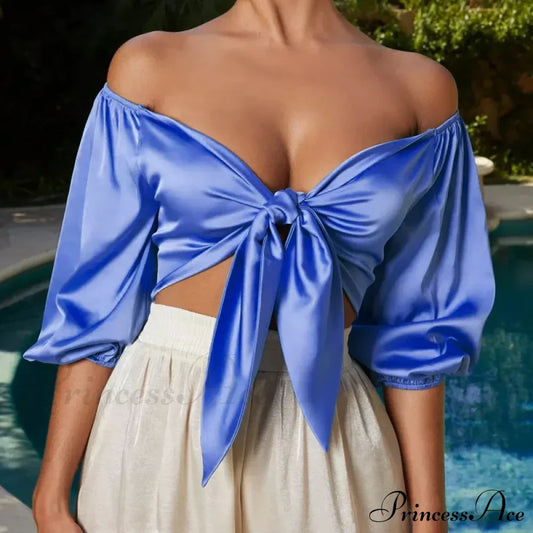 Satin Slik Crop Women Bow Sashes V Neck Sleeveless Half Sleeve Cropped Backless Cropped Feminino