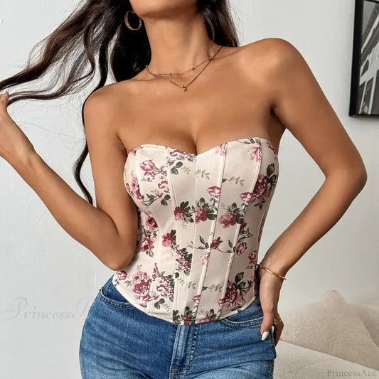 Sexy Lace Flower Pattern Corset Low-Cut Tank Top Khaki / XS croptop-250126