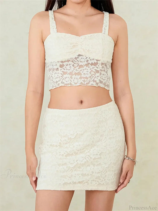 Sexy Lace Sleeveless Tank Crop Top with Short Mini Skirt Set white / S twopiecesset-250126