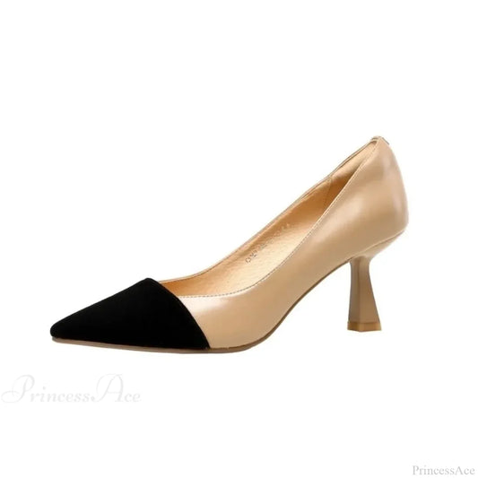 Sexy Pointed Korean Fashion Apricot Black Color Block Elegant Summer Low Heel Pump / 35