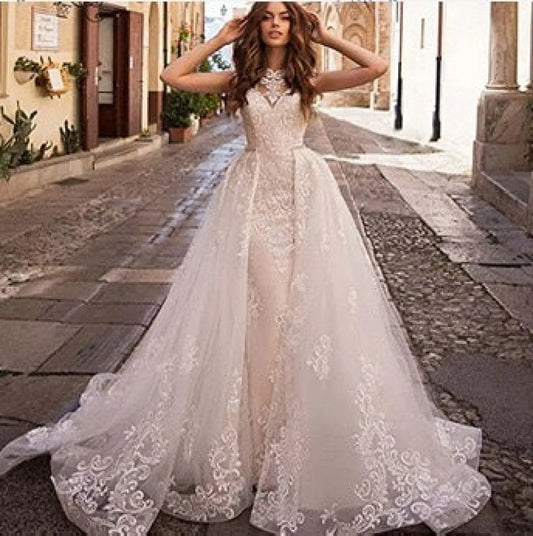 Sheer Tulle Mermaid Bridal Wedding Dress lvory white / 2 weddingdress-250223