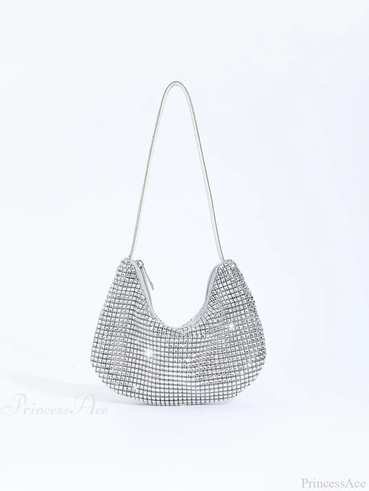 Shiny Rhinestone Zippered Solid Evening Clutch Bag Silver clutchbag-250126