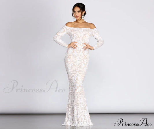 Sierra Sequin Off Charming The Shoulder Formal Dress White / Xs S.o. Long Dresses