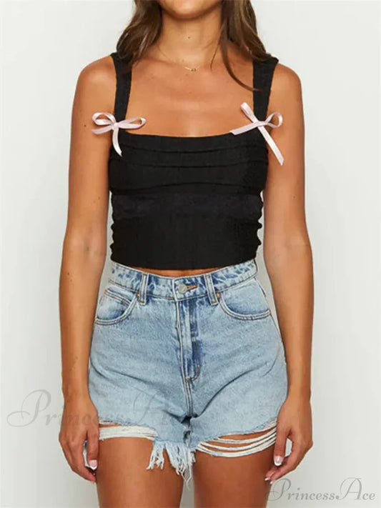 Sleeveless Square Neck Bow Tie-up Crop Top croptop-250126
