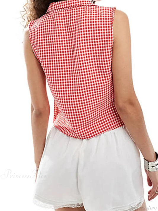 Split Tie-up Plaid Lapel Collar Tank Crop Top croptop-250126