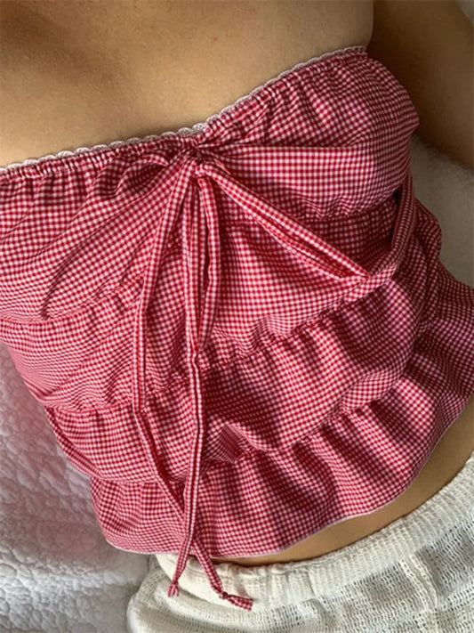 Strapless Plaid Ruched Backless Tube Crop Top PINK / S croptop-250126