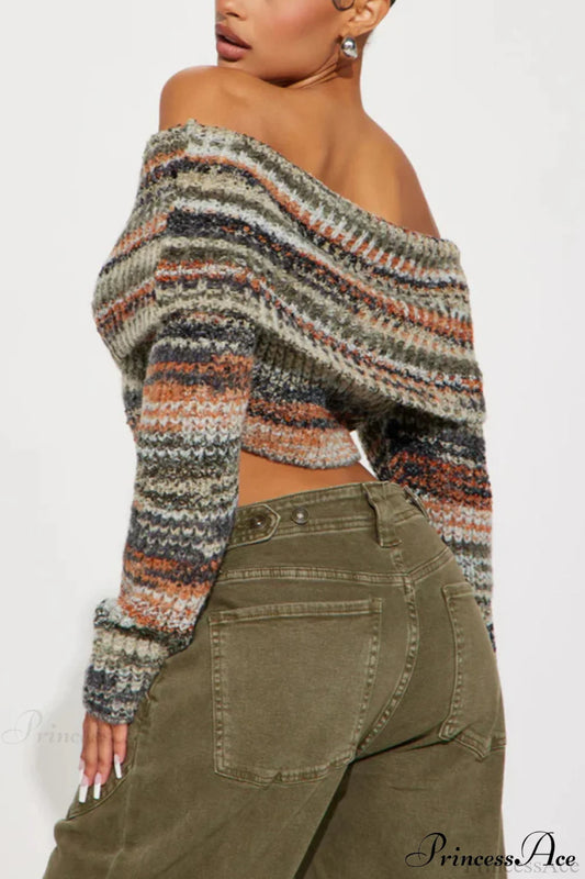 Striped Knit Fitted Off Shoulder Long Sleeve Crop Top