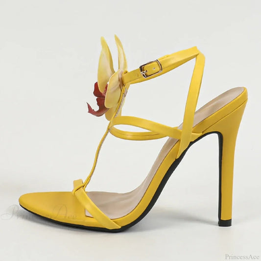 Summerfashion Flowers Ankle-Strap Gladiator Sandals Cozy Open-Toe Yellow High-Heels Party Dress