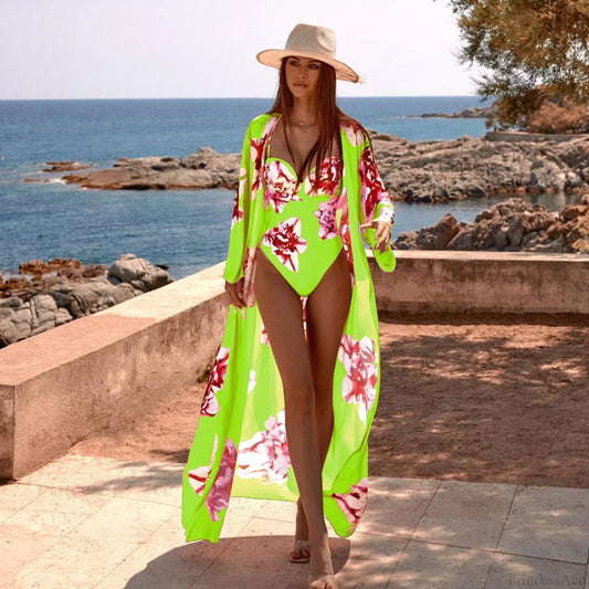 Swimwear with Kimono One Piece Swimsuit Three Piece Set green / S