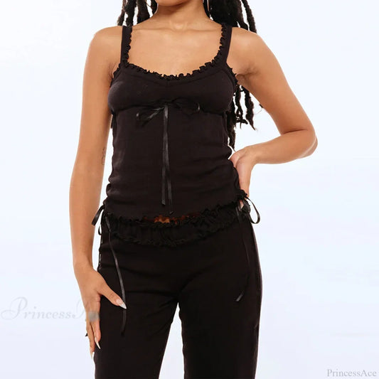 Tree Fungus Eyelet Sleeveless Cami Wide Leg Pants Two Pieces Set Black / S twopiecesset-250126