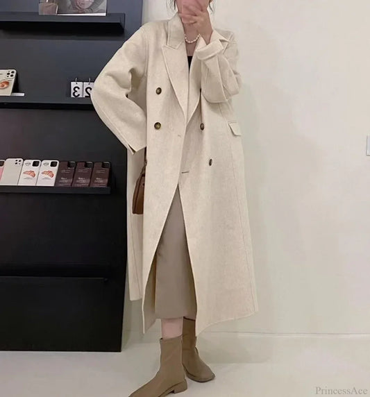 Turn-Down Collar Cashmere Wool Overcoat Beige / S