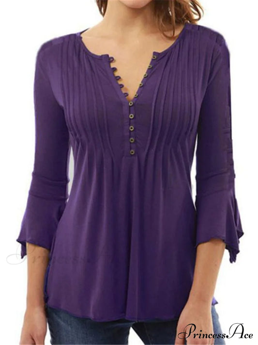 V-Neck Flared Plain Folded In Blouse Arm Women’s Color Purple / S Tops