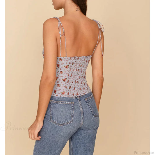 Vintage Floral Smocked Tie Strap Slim Fitted Crop Cami Top croptop-250126