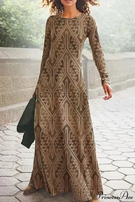Vintage Geometric Print Long Sleeve Boho Dress Amber Colour / S