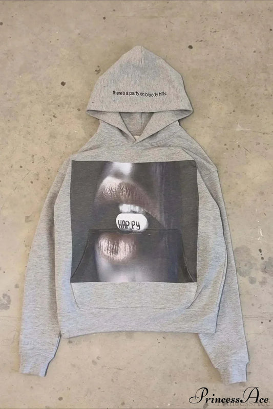 Vintage Harajuku Graphic Print Trendy Hoodie Grey / S