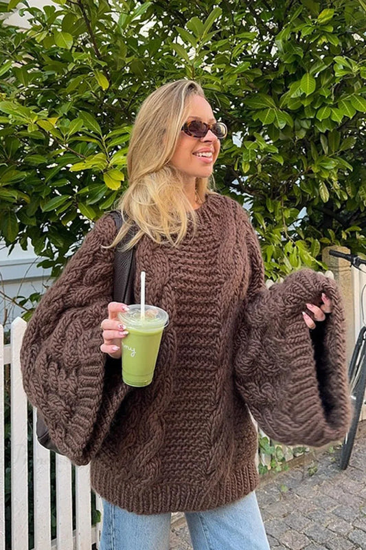 Vintage Loose Comfortable Crew Neck Wide Sleeve Cable Sweater Brown / S