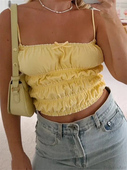 Vintage Ruched Solid Bow Slim Crop Top YELLOW / S croptop-250126
