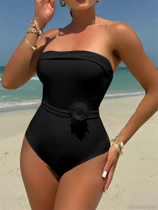 White Black 3D Flower One Piece Swimsuit Black / S onepiece-250223