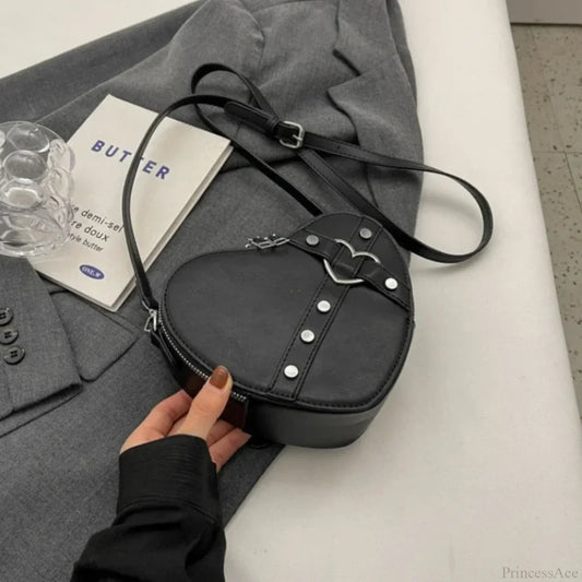Y2K Rivet Heart-Shaped Crossbody Bag Black crossbody-250126