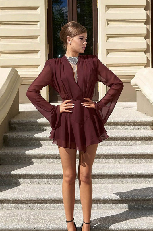 Burgundy Chiffon V Neck Long Sleeve Waist A Line Mini Dress