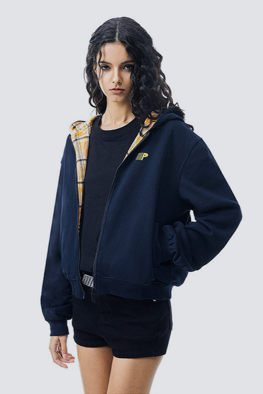 Plaid Color Block Zip Loose Hoodie