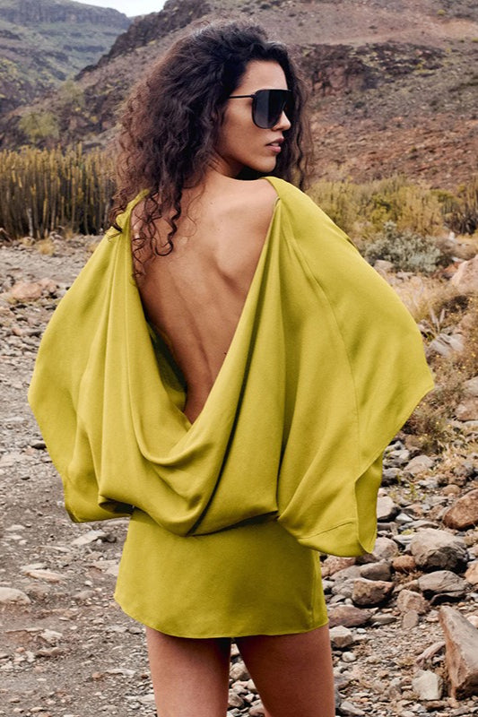 Chic Back Deep V Cowl Neck Loose Mini Dress