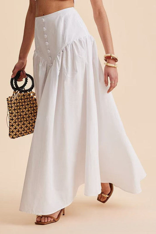 Stylish High Waist Button Patchwork White Maxi Skirt