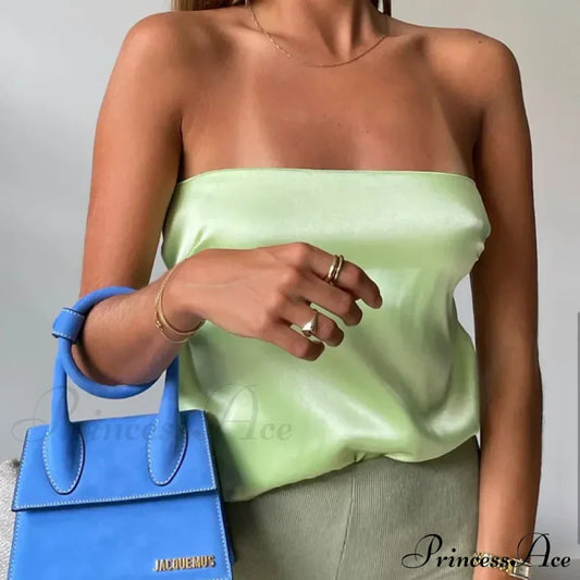2024 Satin Backless Crop Women Green Summer Cami Bandage Sleeveless Strapless Off Shoulder Tank Top
