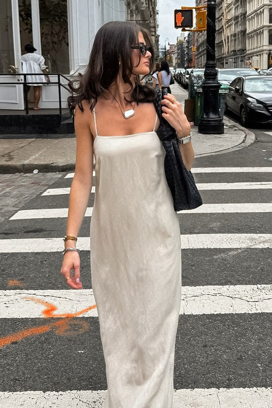 Khaki Linen Cotton Cami Loose Office Maxi Dress