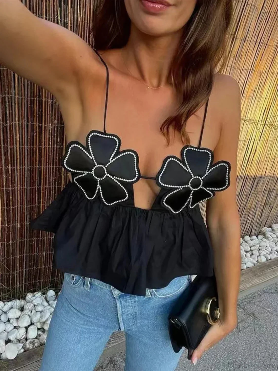 3D Flower Spaghetti Strap Backless Crop Top Black / S croptop-250126