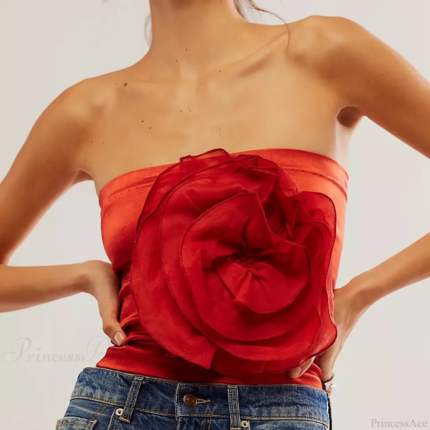 3D Flower Strapless Mesh Bandeau Crop Top Summer Streetwear Red / S croptop-250126