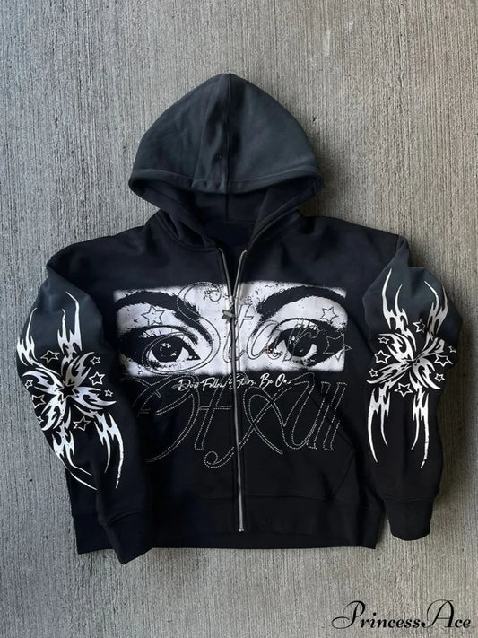 3D Print Vintage Long Sleeve Zip Hoodie Black / XS