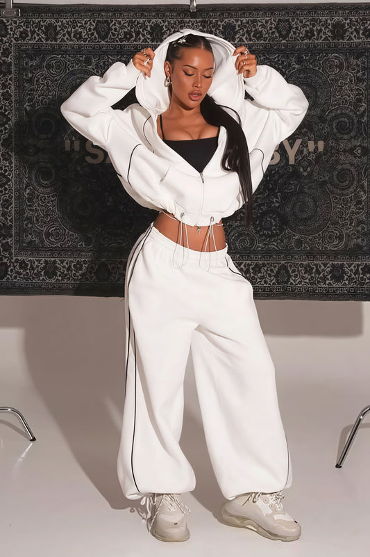 Color Block Striped Hooded Zipper Loose Two Piece Set