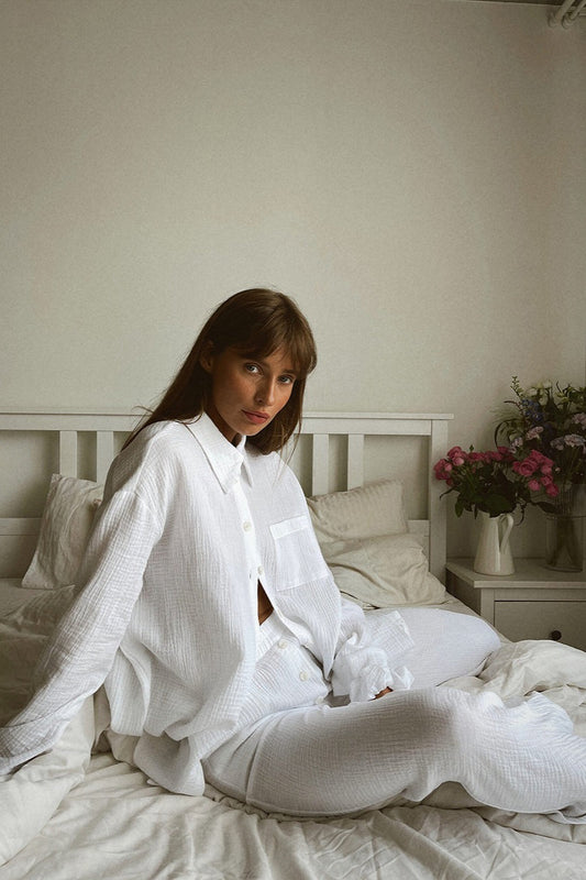 Solid Cotton Wrinkled Shirt Pants Two Piece Set