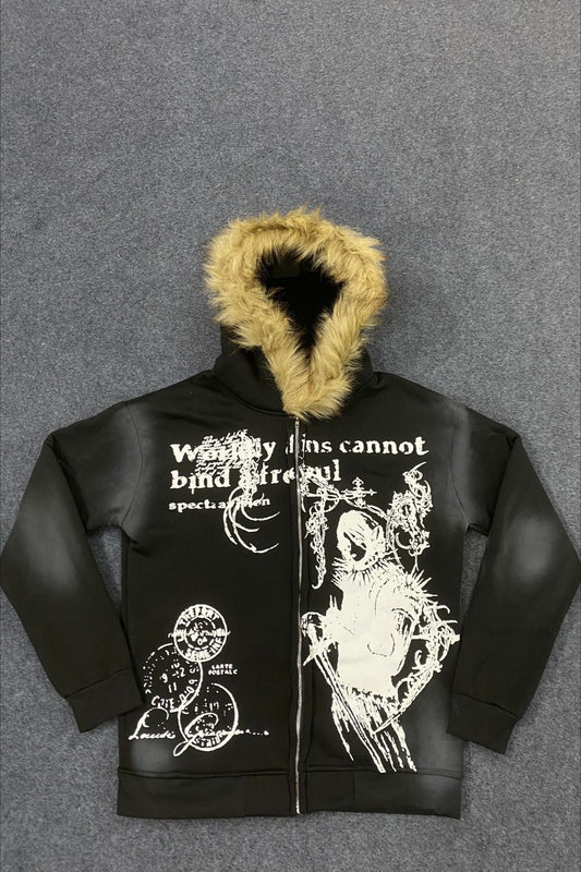 Street Print Fur Trimmed Relaxed Hoodie