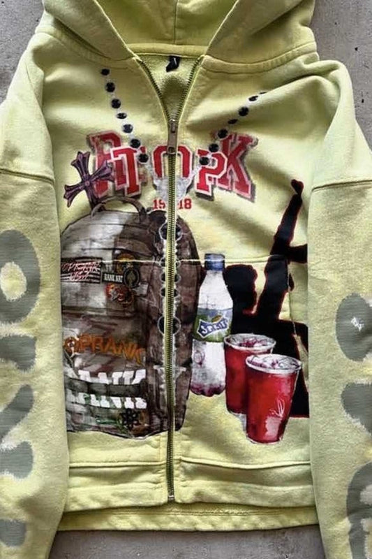 Graffiti Print Oversized Zipper Casual Hoodie