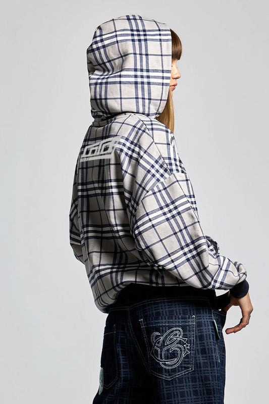 Plaid Printed Zip Y2k Hoodie