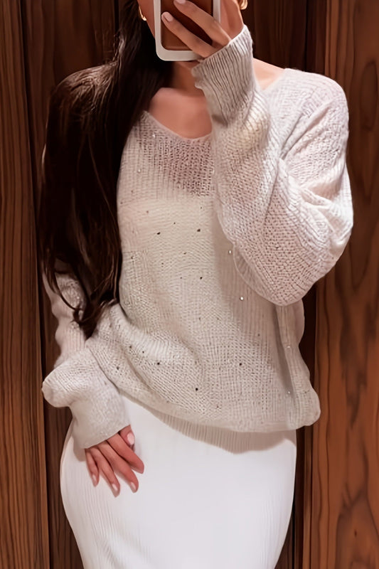 Rhinestone White V Neck Long Sleeve Knit Blouse