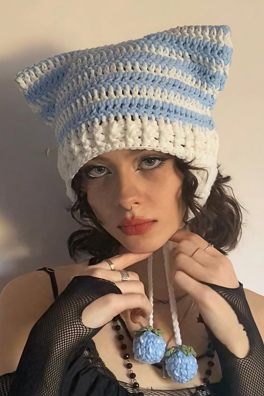 Fox Ears Color Block Striped Pom Pom Knitted Hat