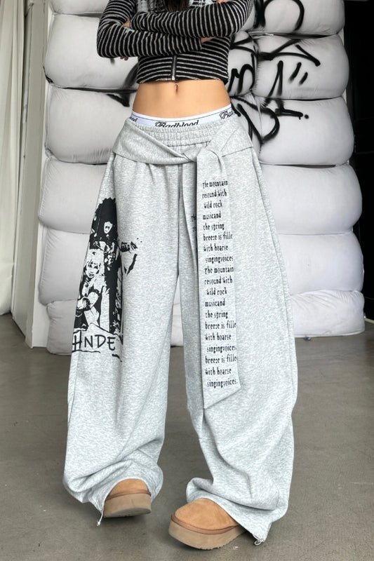Street Style Graphic Letter Ribbon Curved Sweat Pants