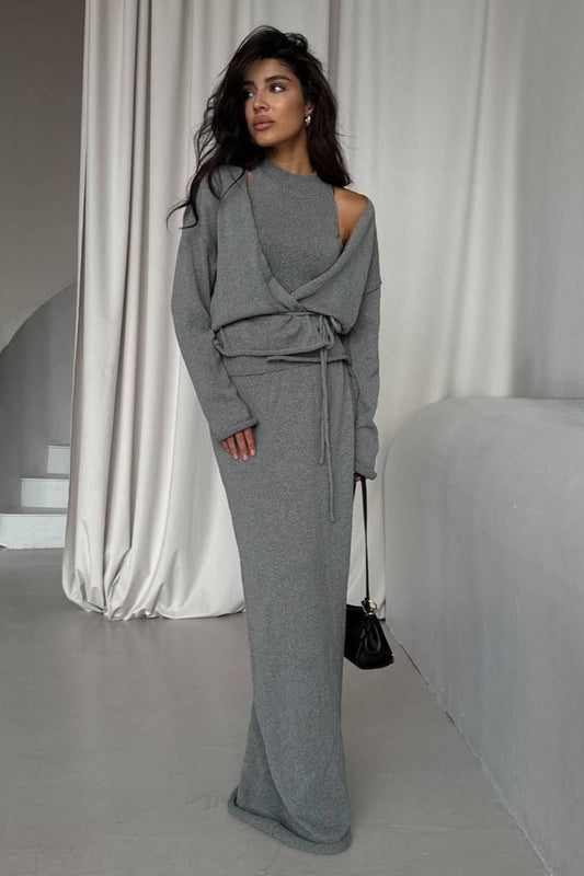 Chic Knit Vest & Bodycon Skirt with Belt Three Piece Set