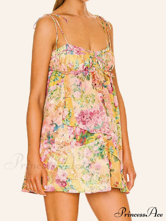 Printed Strap Tie-Up Slip Mini Dress